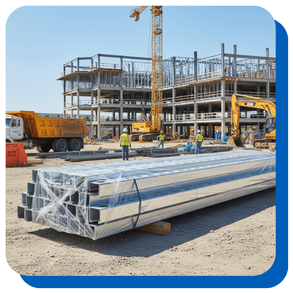 stack of unistruts at a construction site