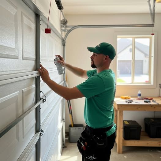 Worker installing a garage door opener, standing beside a white overhead door in a bright garage.