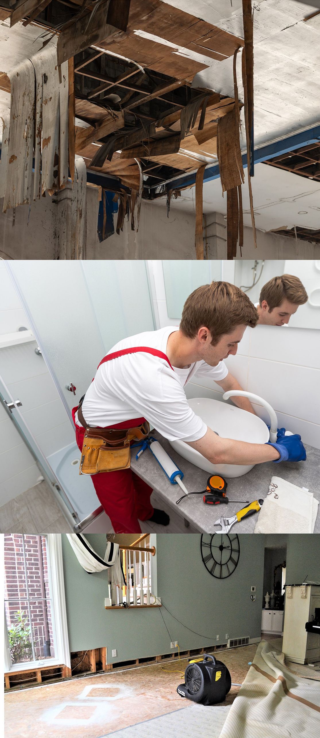 Three images of water cleanup, repair & plumbing in the house