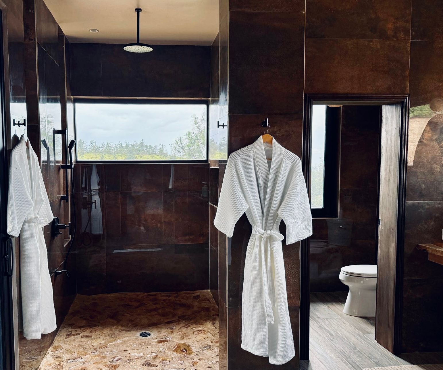 Two bathrobes are hanging in a bathroom next to a toilet.