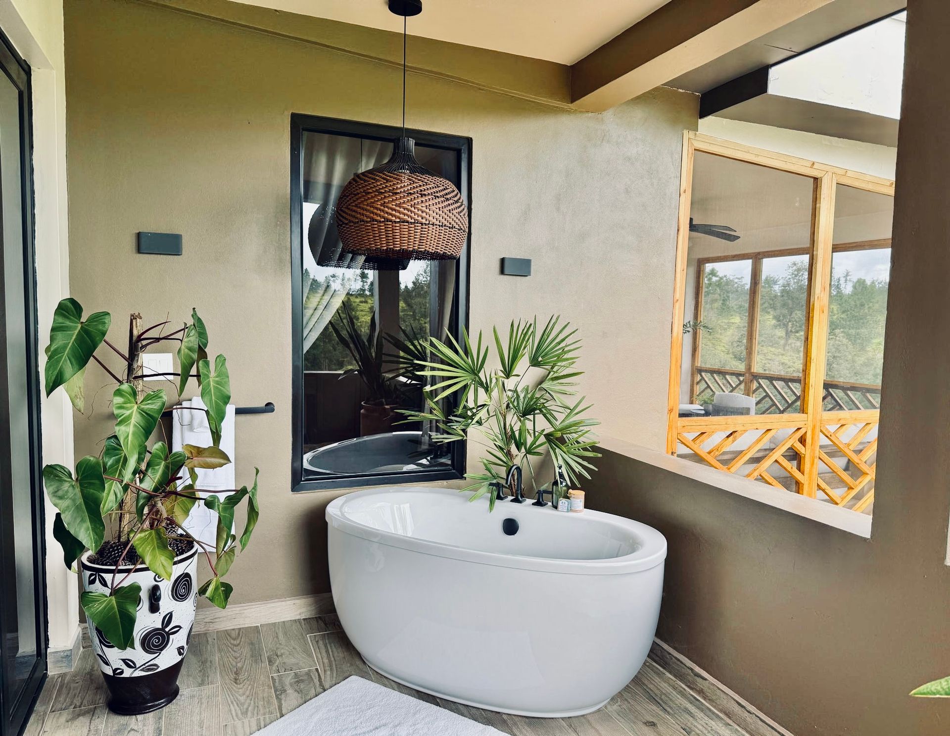 A bathroom with a bathtub and a potted plant.