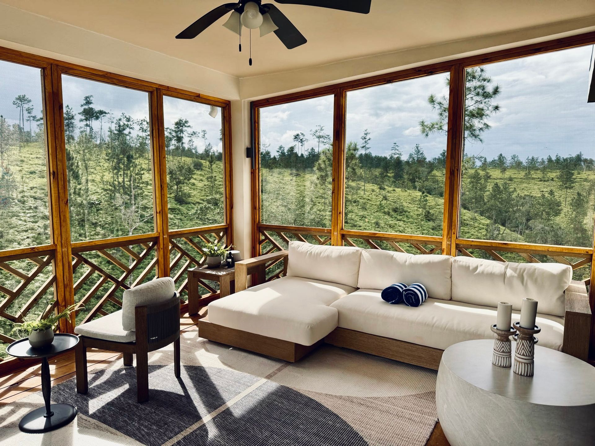 A living room with a couch and a ceiling fan