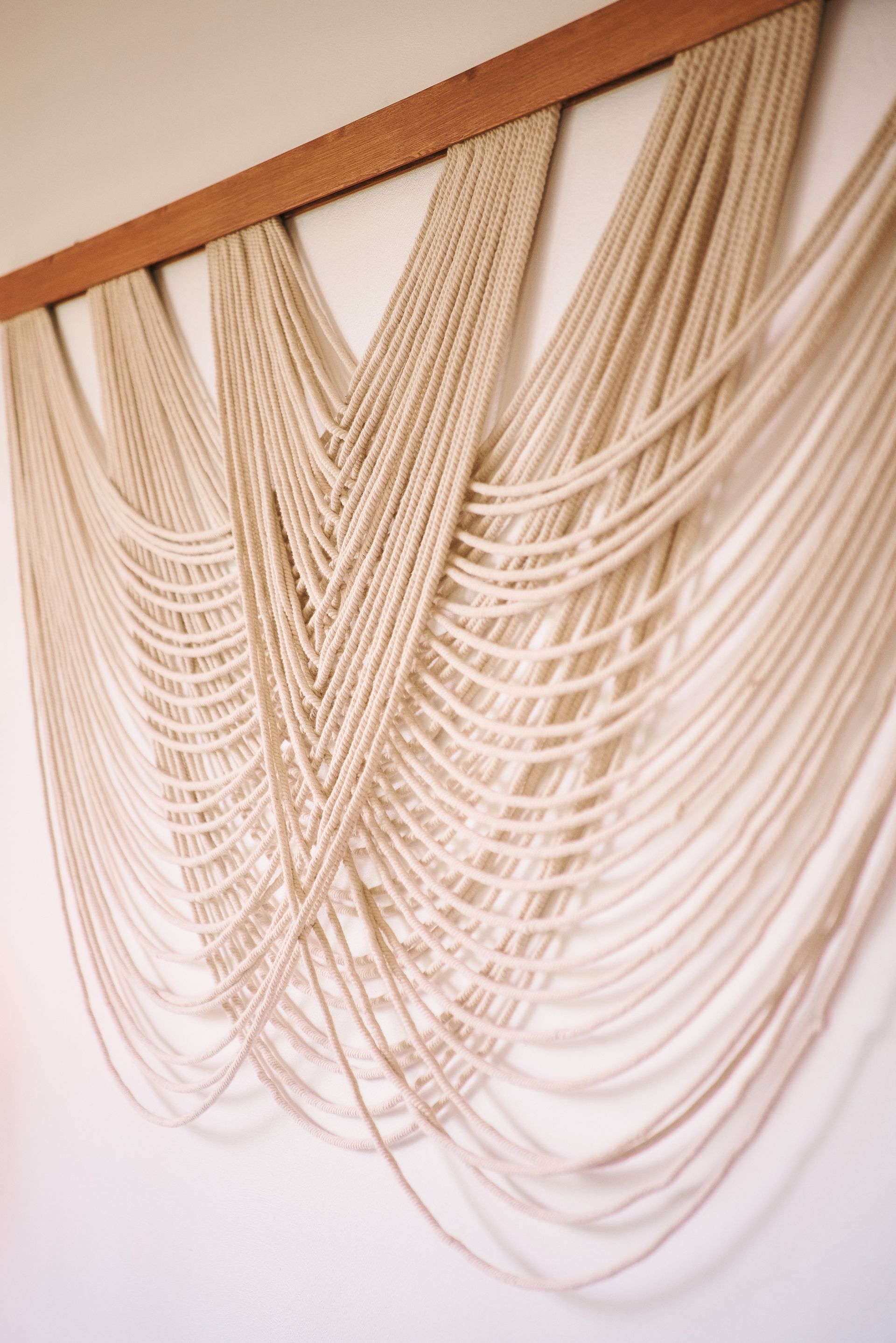 A close up of a string hanging on a wall.