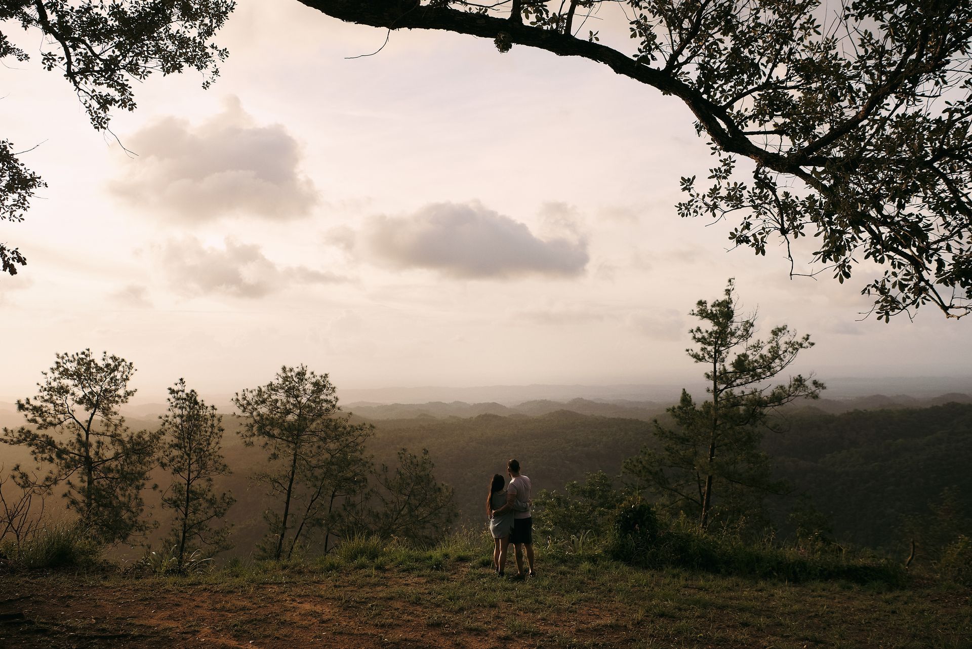 A couple standing on top of a hill with trees in the background