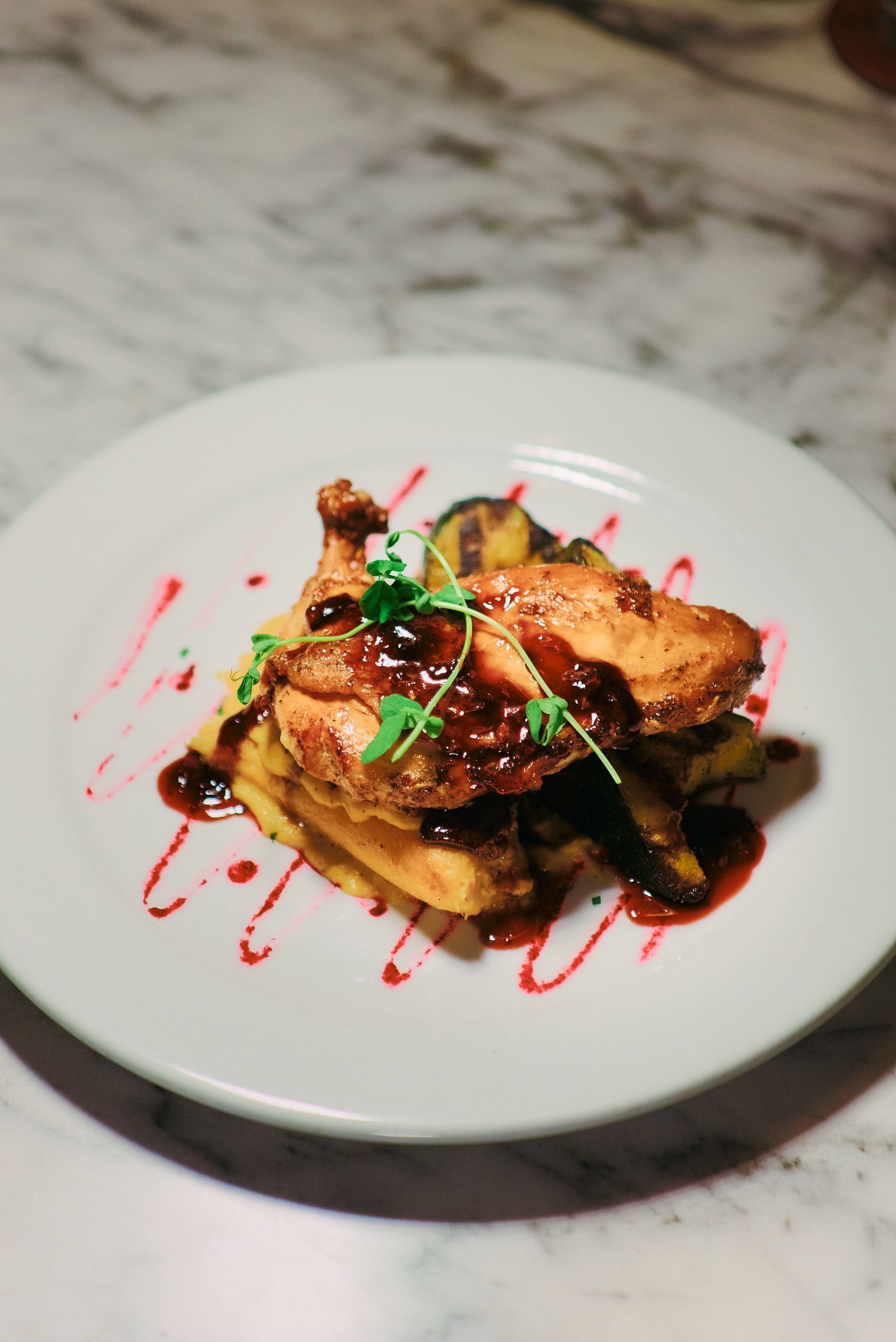 A close up of a plate of food on a table.