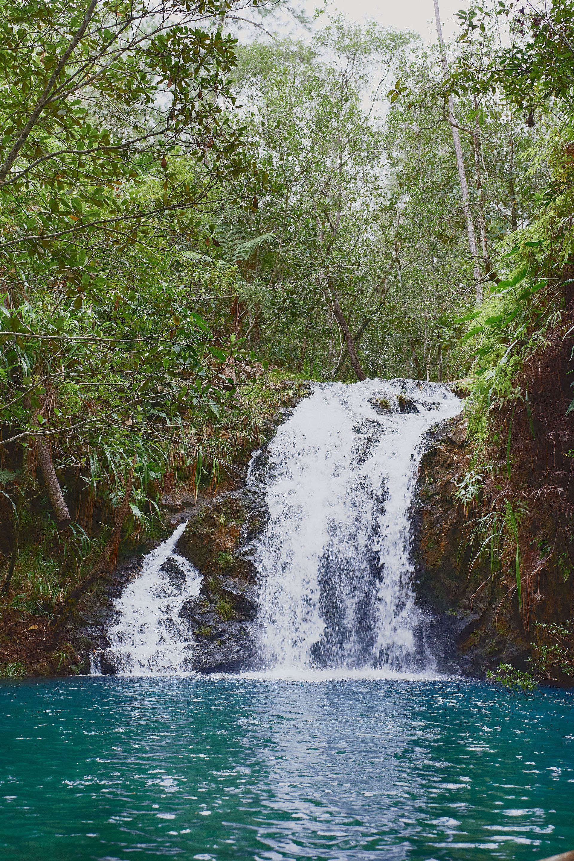 Waterfall cascading into a turquoise pool, surrounded by lush green foliage.