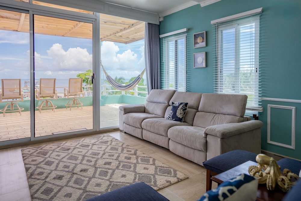 A living room with a couch , chairs , and a hammock.