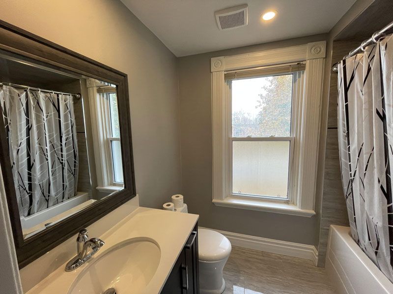 a bathroom with a toilet , sink , mirror and shower curtain