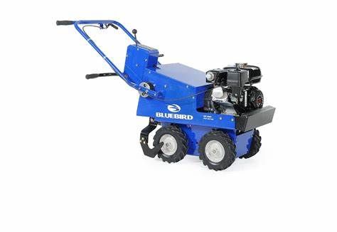 a blue and black lawn mower with a gas engine on a white background .