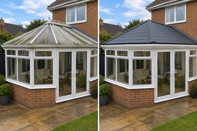 Conservatory before and after its polycarbonate roof was replaced with a tiled warm roof
