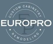 A logo for europro custom cabinetry remodeling on a blue background.