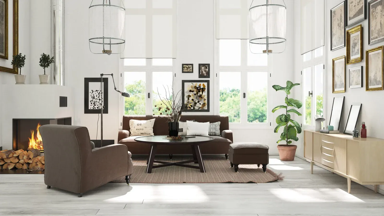 A living room with a couch , chair , coffee table and fireplace.