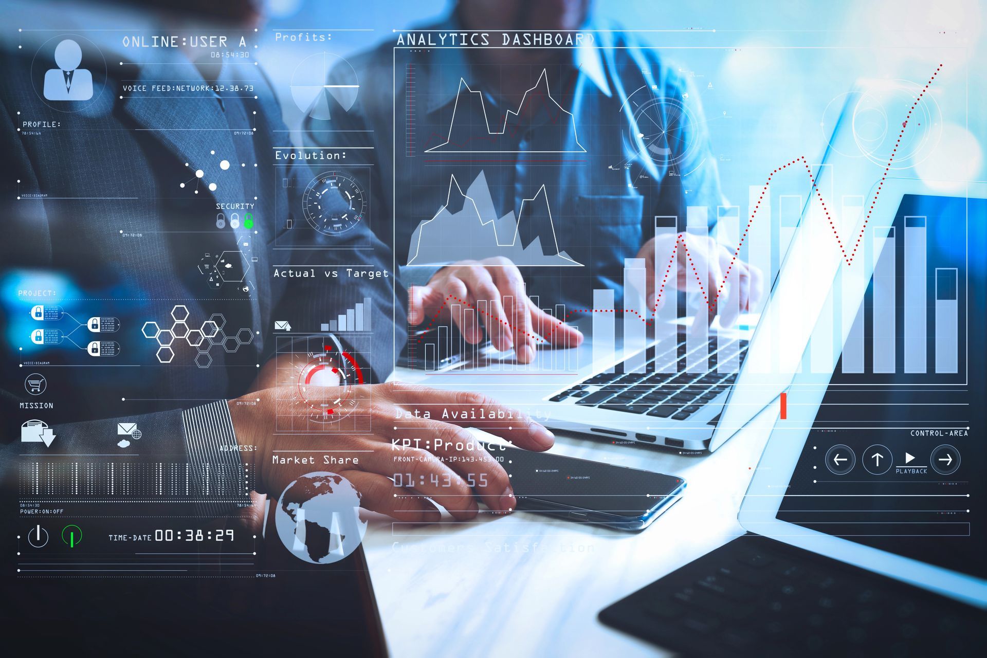 Dos personas analizando datos en computadoras portátiles con gráficos y tablas superpuestos, en tonos azules.
