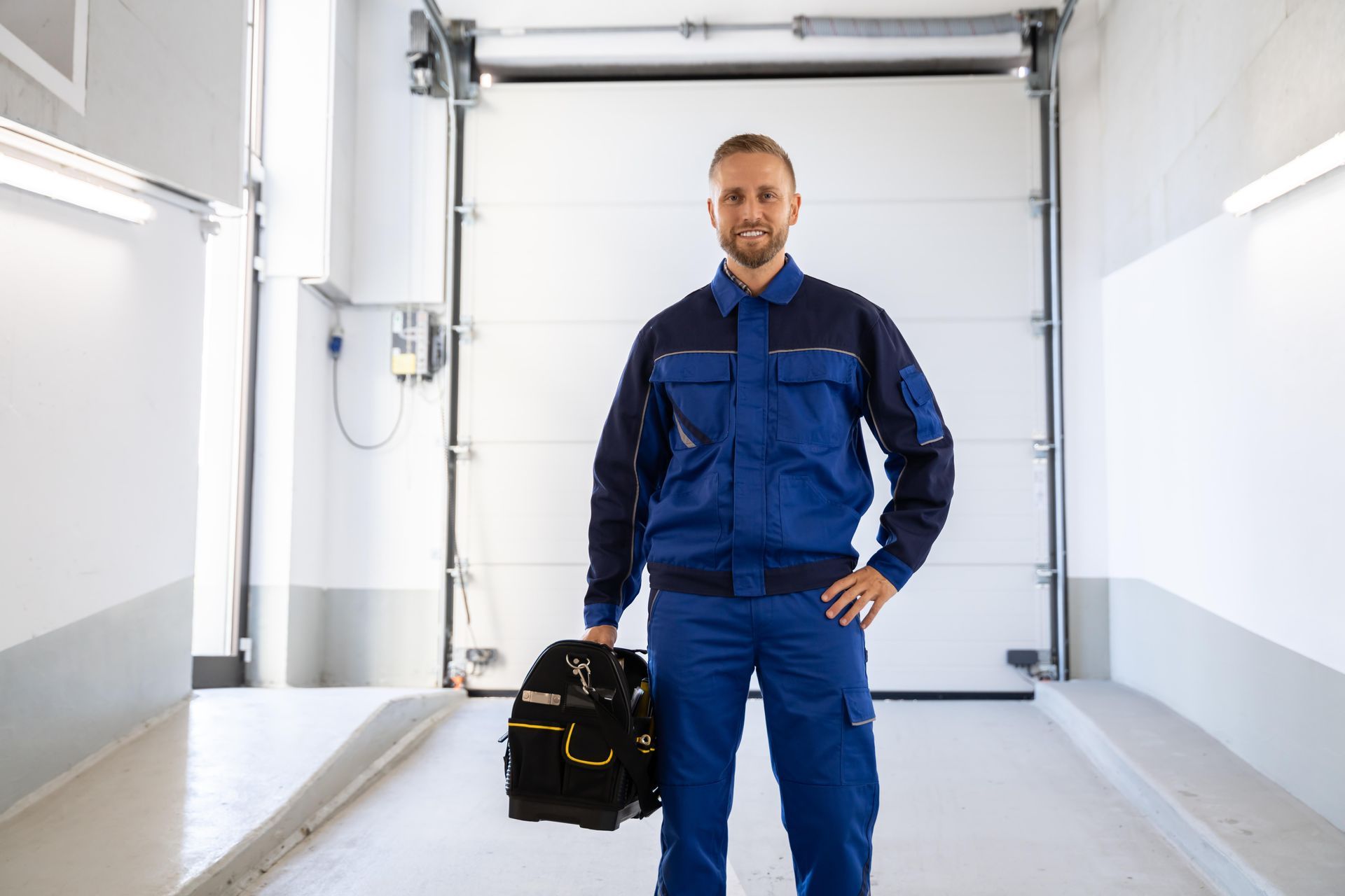 A man in a blue uniform is standing in front of a garage door holding a tool bag.