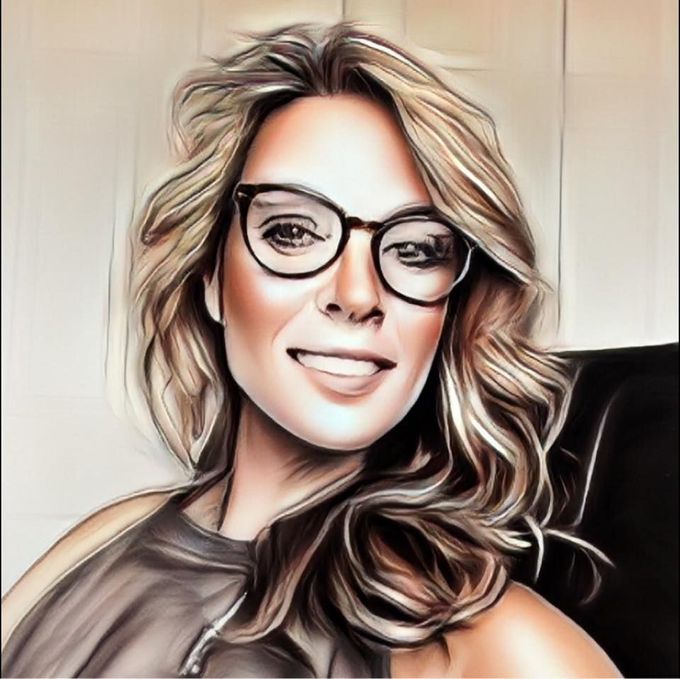A drawing of a woman wearing glasses and smiling