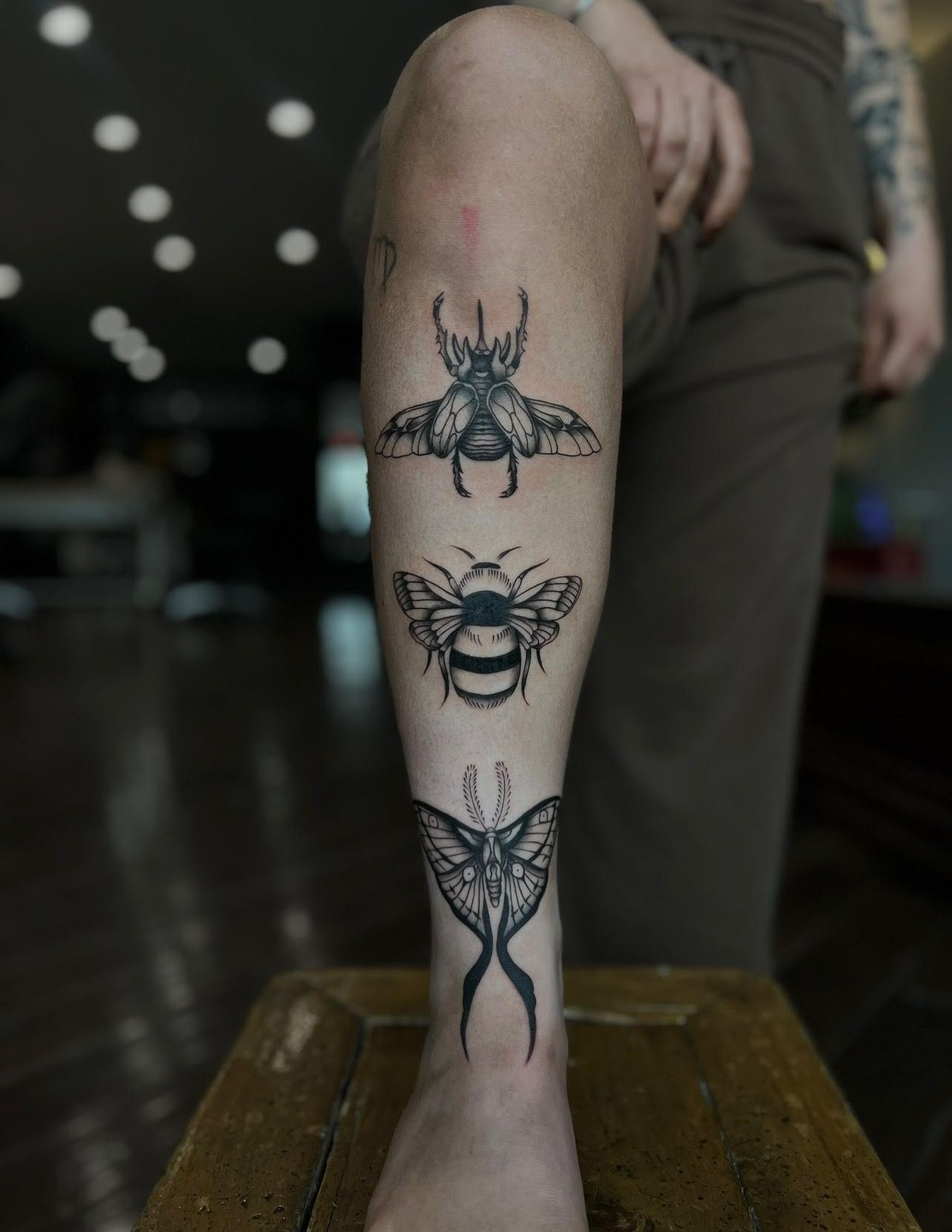 A person has three insect tattoos on their leg.