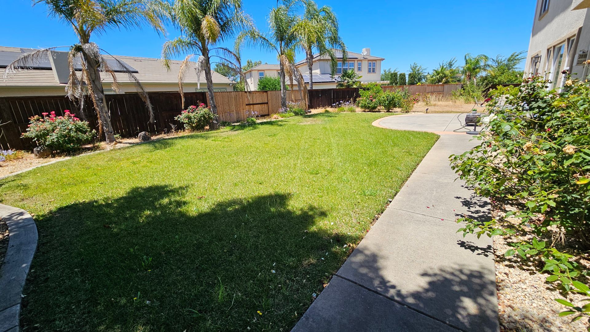 Green lawn bordered by gray stones, trees and buildings under a blue sky.