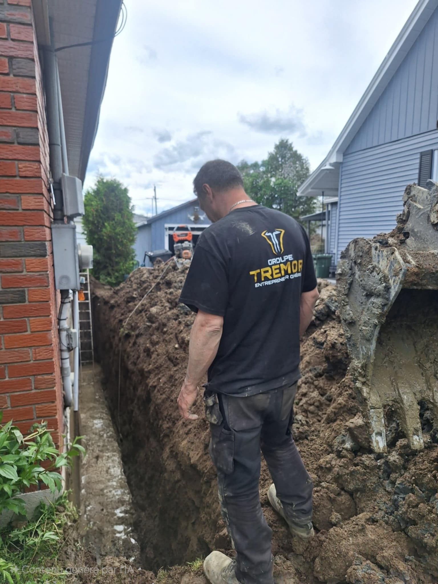 Un homme se tient dans une tranchée à côté d'une maison.