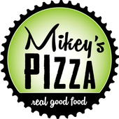 A logo for mikey 's pizza that says real good food