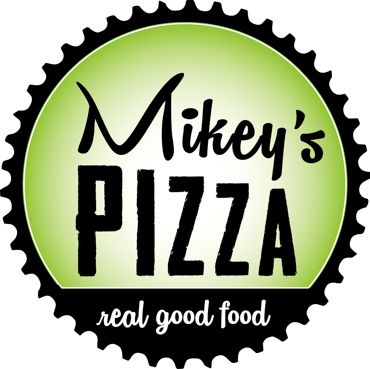 A logo for mikey 's pizza that says real good food