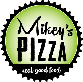 A logo for mikey 's pizza that says real good food