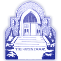 A blue and white drawing of the open door