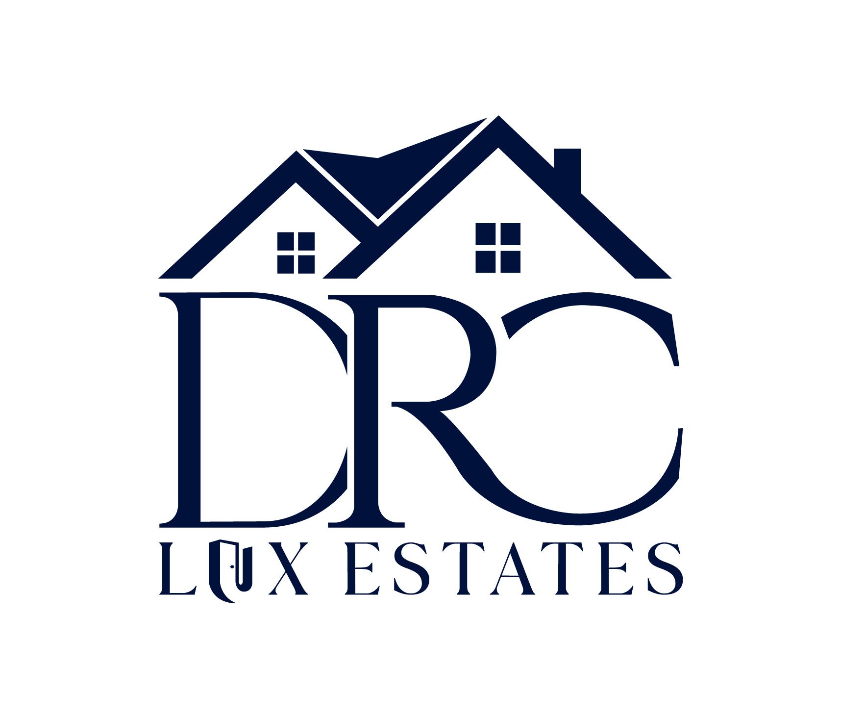 A dark blue logo for DRC Lux Estates, featuring a stylized house outline above large capital letters.