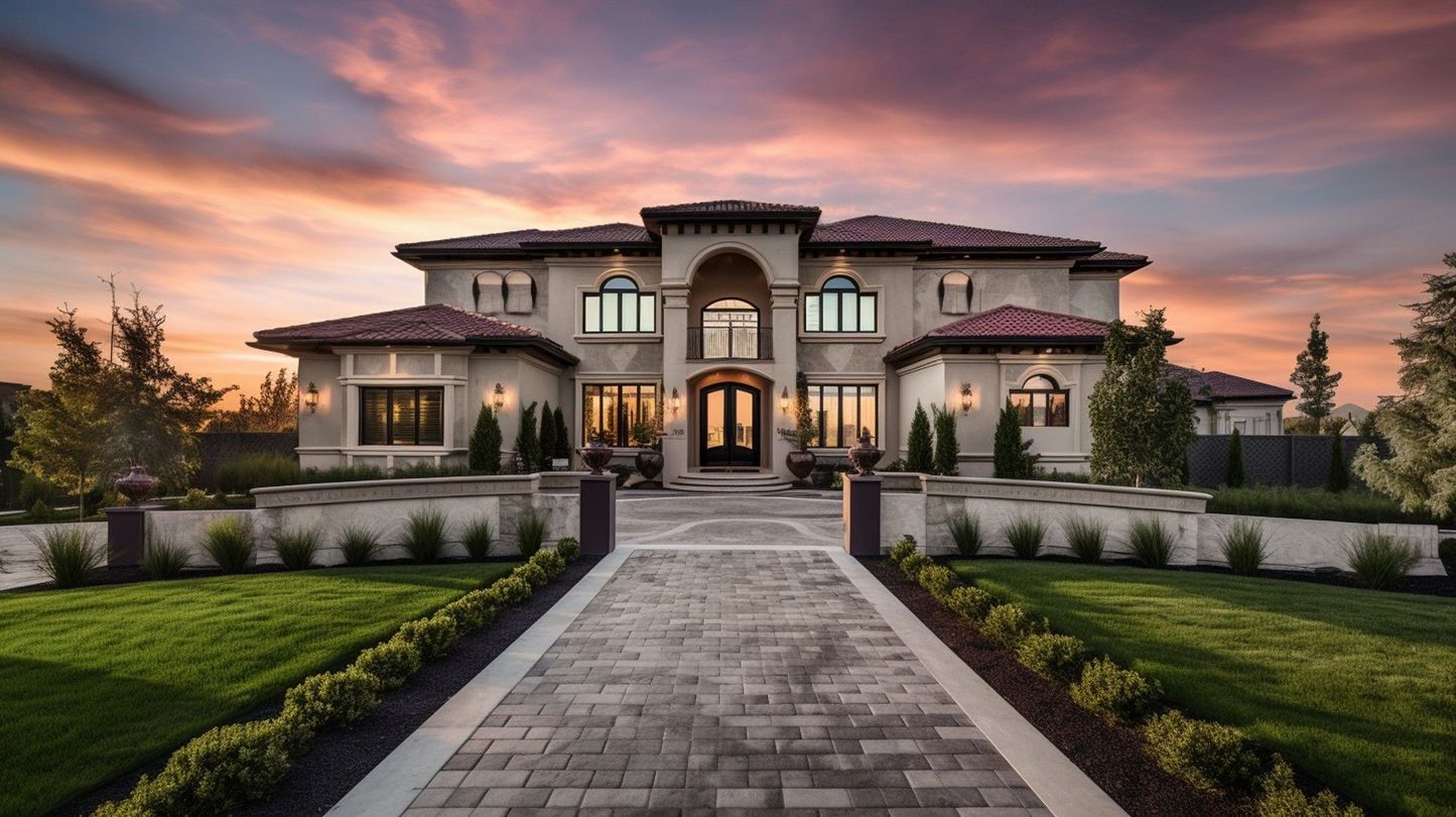 A large two-story luxury mansion at sunset, featuring a stone driveway, manicured lawn, and terracotta tile roof.