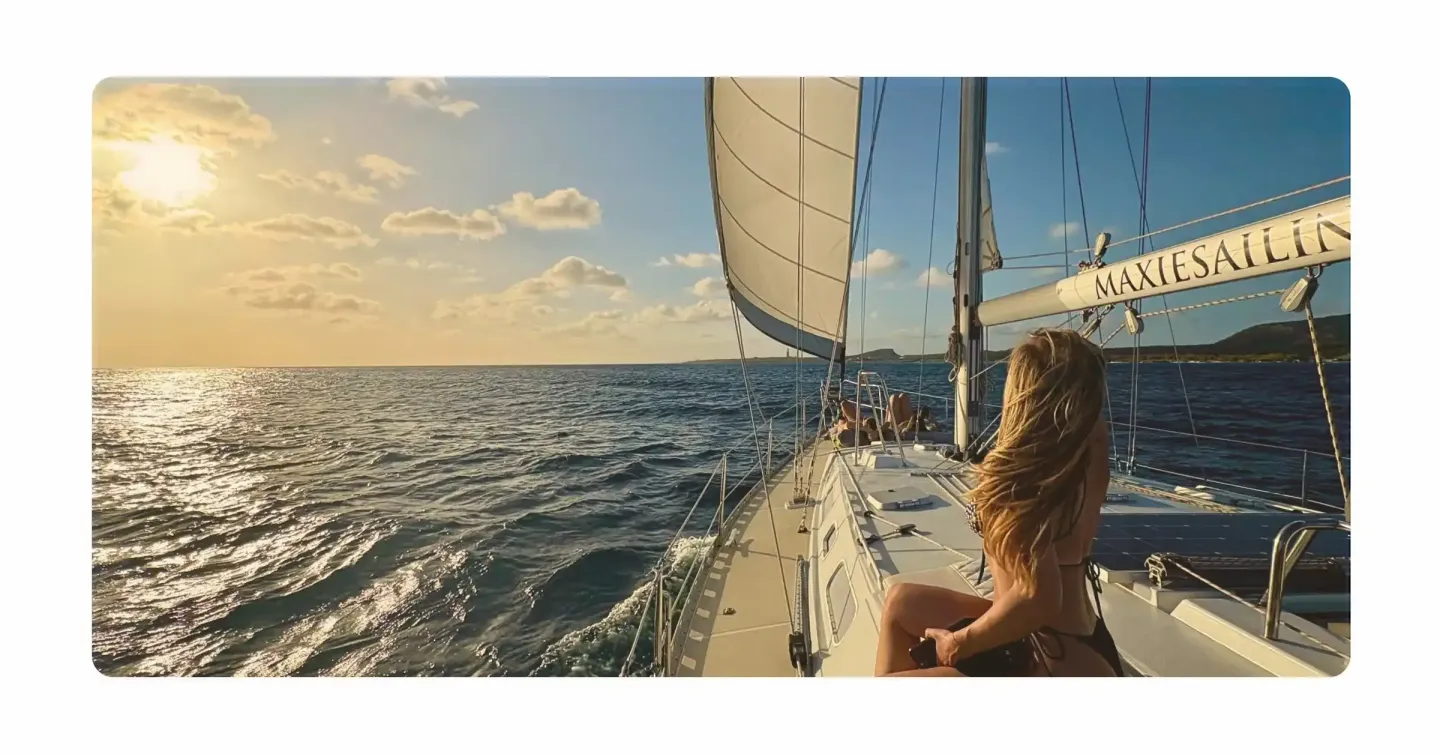 Lady with long blond hair enjoying sunset on private Curacao boat trips