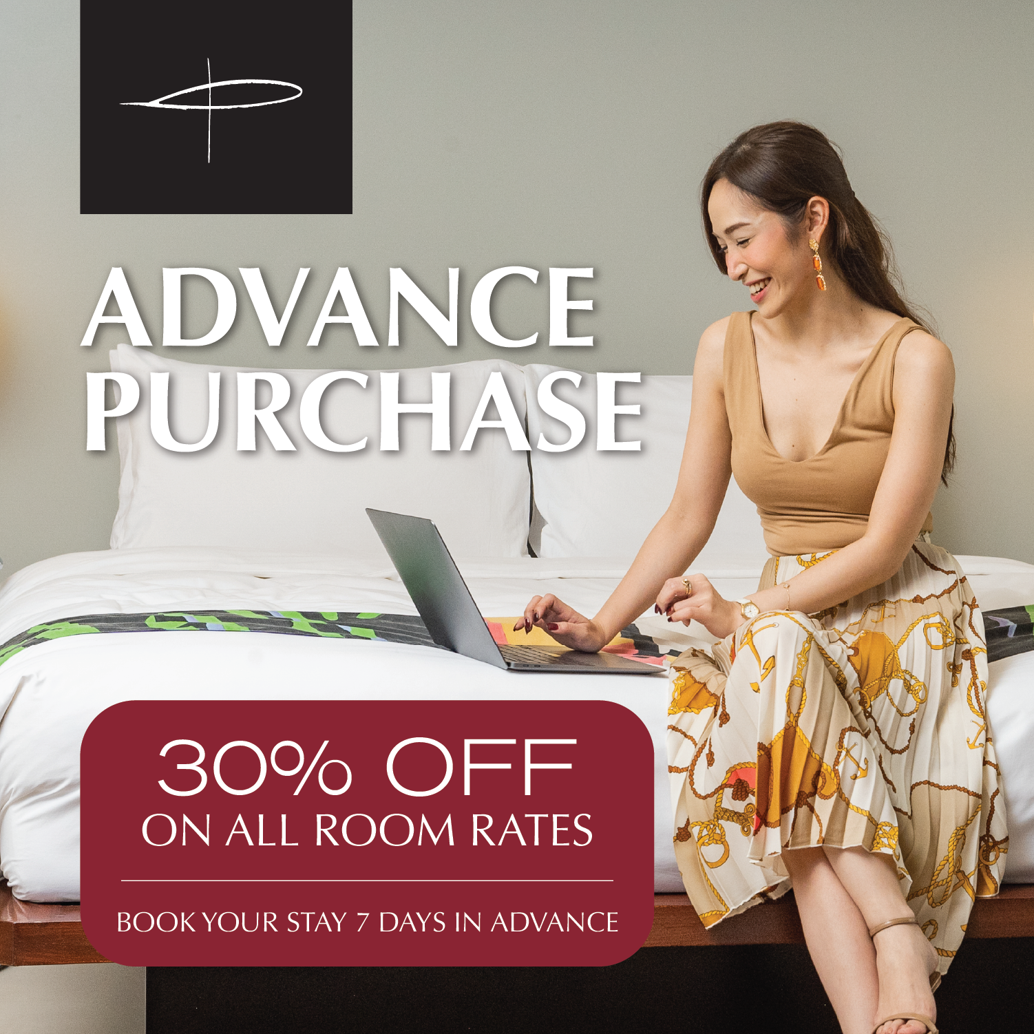 A woman is sitting on a bed with a laptop and a sign that says advance purchase