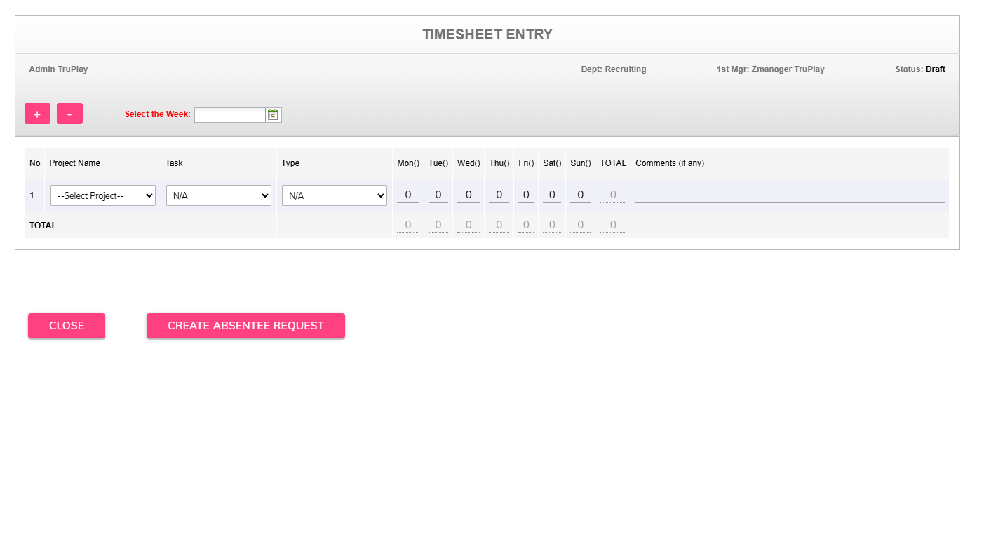 Timesheet tracking screen