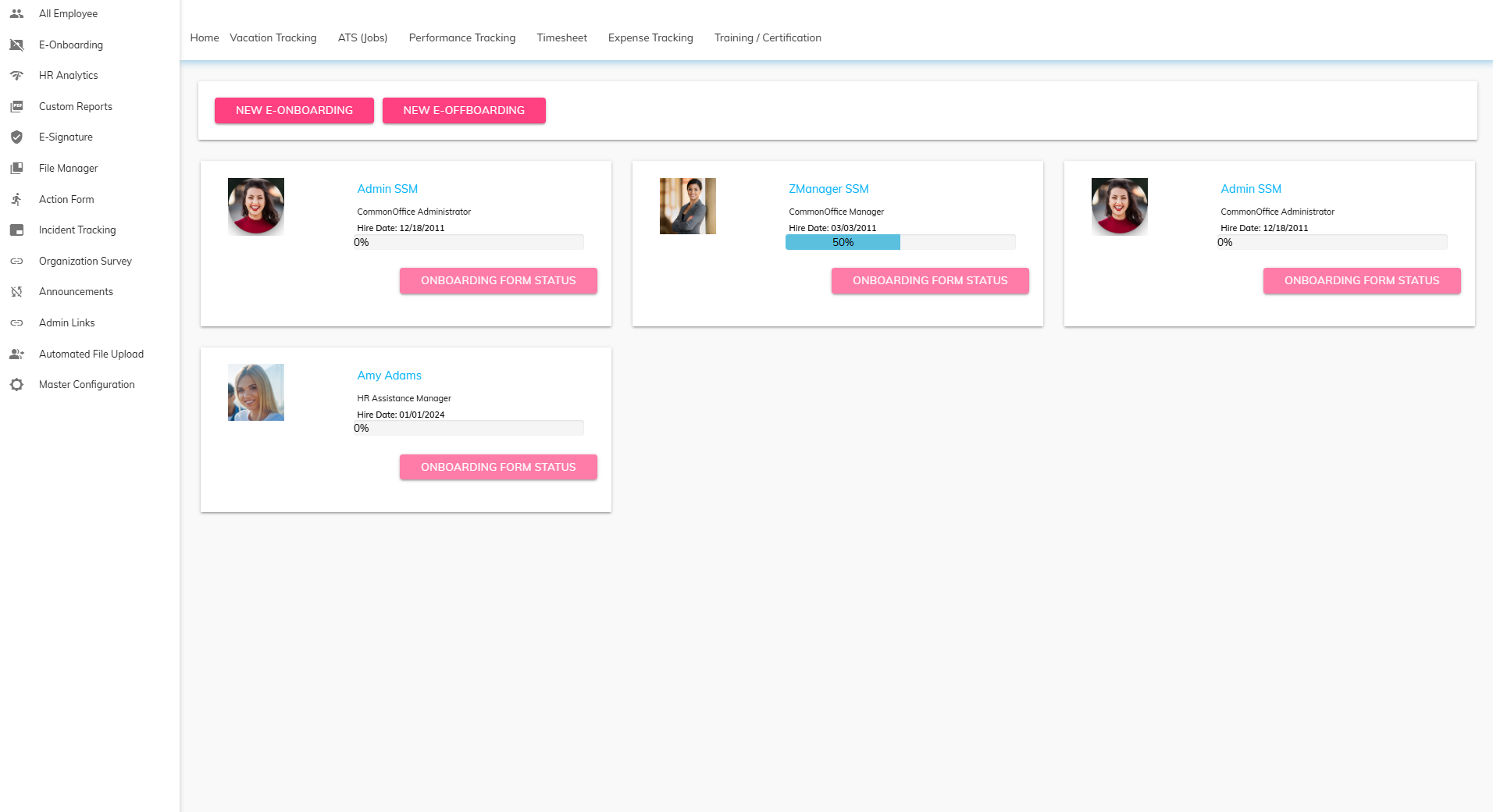 CommonOffice onboarding dashboard showing employee onboarding tasks and progress