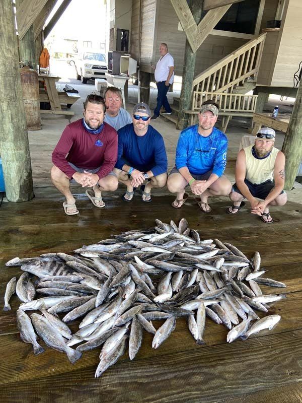 A group of men are kneeling down next to a pile of fish.