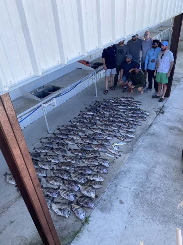 A group of people standing next to a pile of fish.