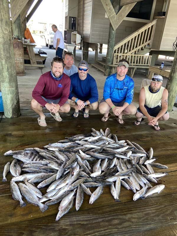 A group of men are kneeling down in front of a pile of fish.