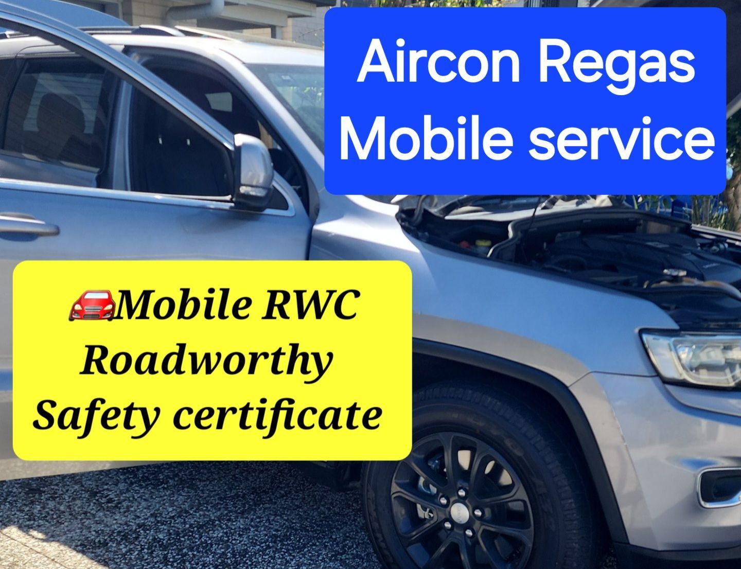 Gray SUV with open hood, text overlays: 