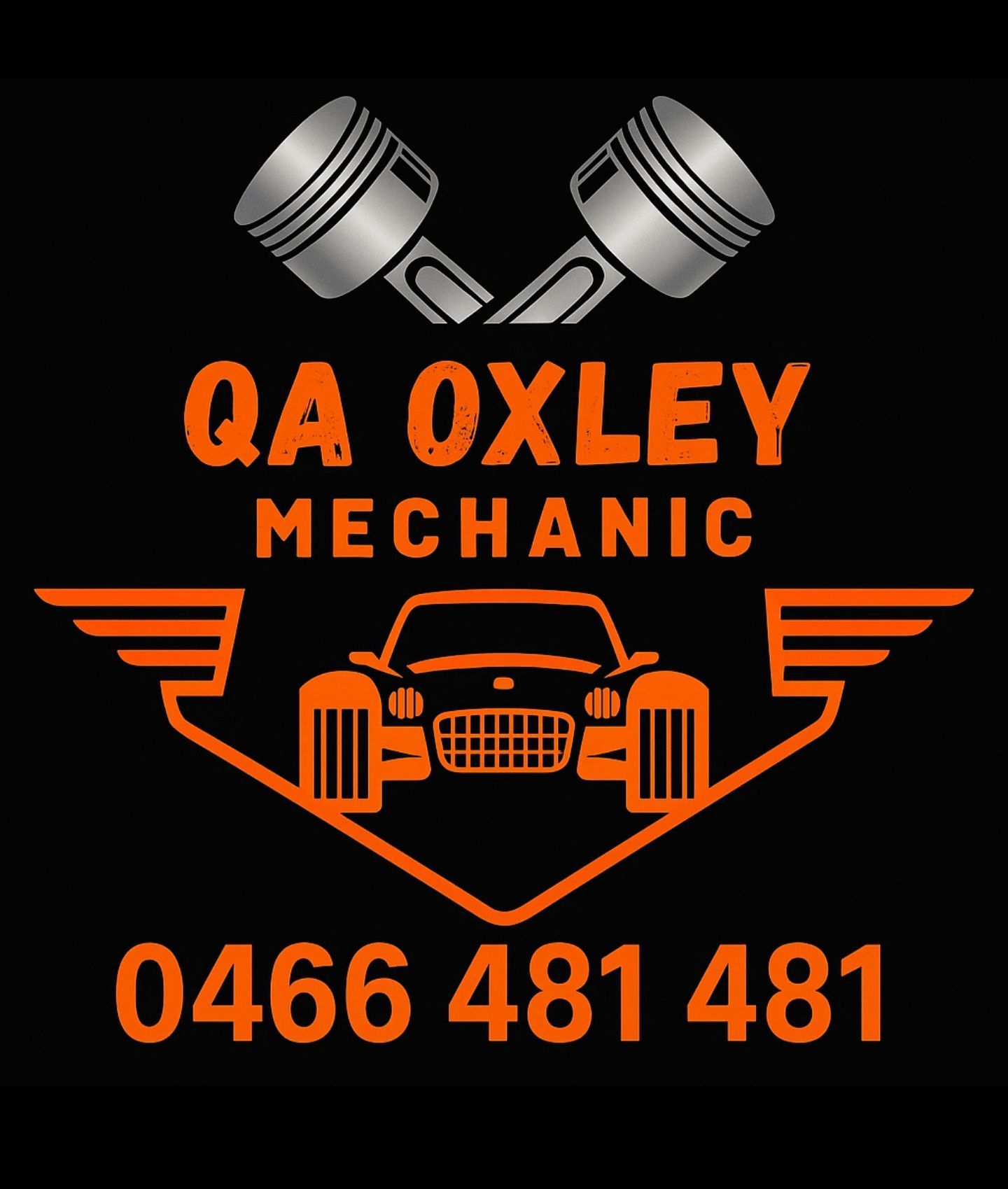 Logo for QA Oxley Mechanic. Orange text and car graphic on a black background; phone number: 0466 481 481.