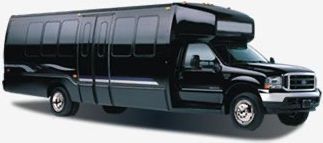 A black bus with the doors open on a white background