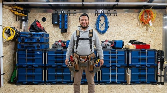 Man standing in a workshop, wearing a tool belt, in front of blue storage bins and hanging cables.