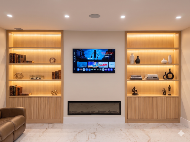 Modern living room with built-in lit shelves, wall-mounted TV, and a leather sofa on a marble floor.