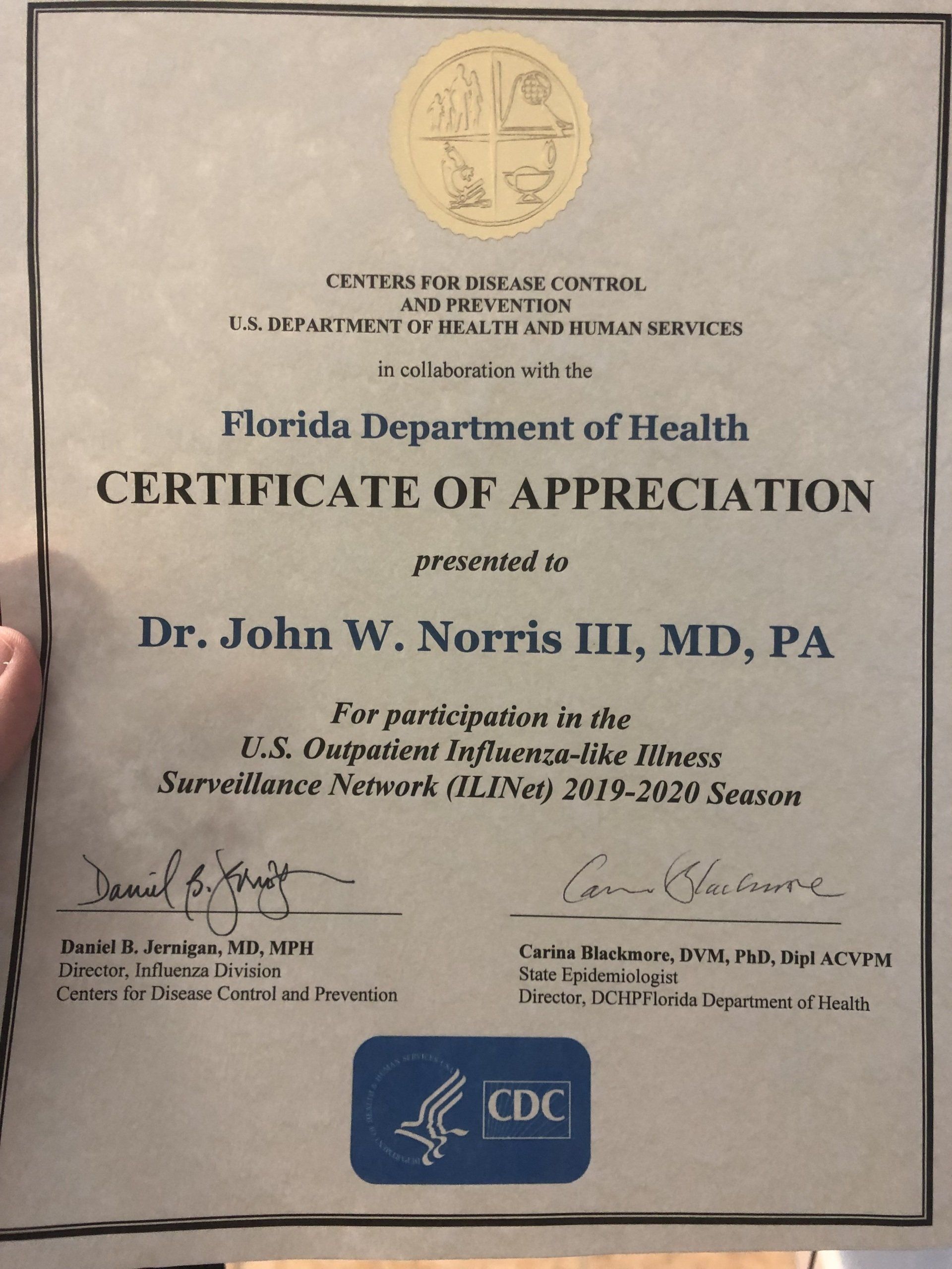 Certificate of Appreciation from the Florida Department of Health presented to Dr. John W. Norris III for participation in the surveillance network.