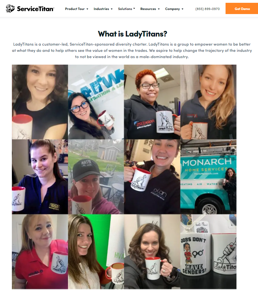 A collage of photos of women holding coffee mugs on a service titan website.