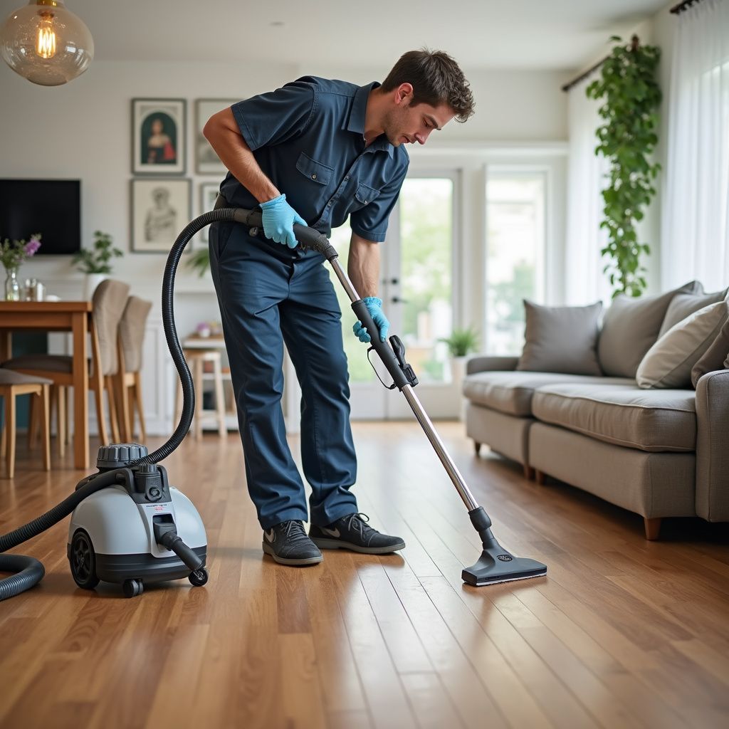 Man steam cleaning hardwood floor in a living room, wearing gloves and work clothes.