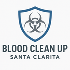Logo for Blood Clean Up Santa Clarita, featuring a blue shield with a biohazard symbol inside.