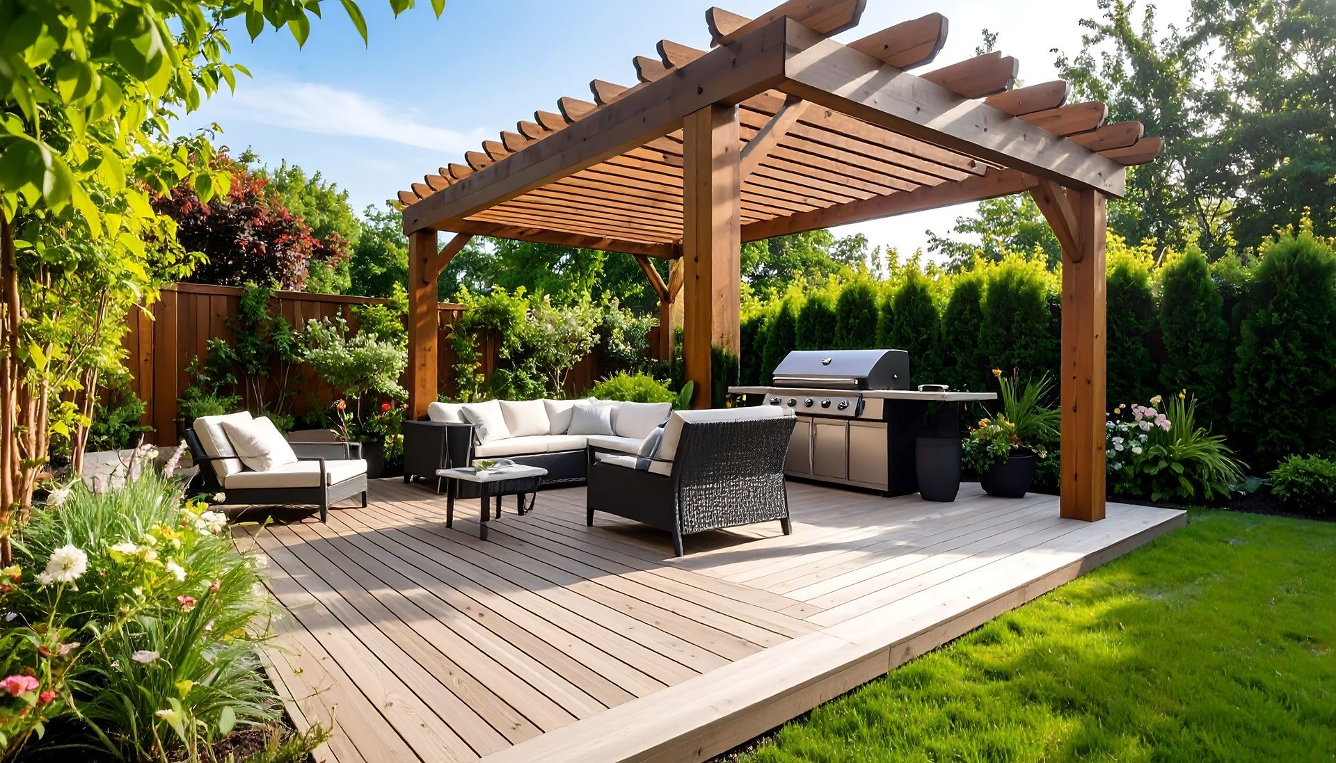 Wooden pergola over patio with outdoor seating and grill in a lush backyard. Wooden pergola over patio with outdoor seating and grill in a lush backyard.