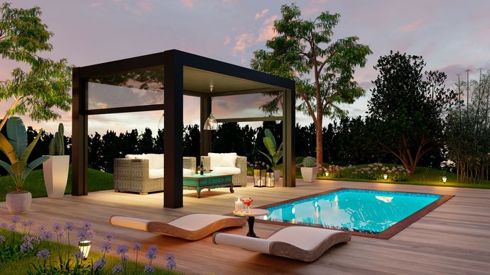 Outdoor patio with pool. Black pergola, white furniture, chaise lounges, and garden, during sunset. Outdoor patio with pool. Black pergola, white furniture, chaise lounges, and garden, during sunset.