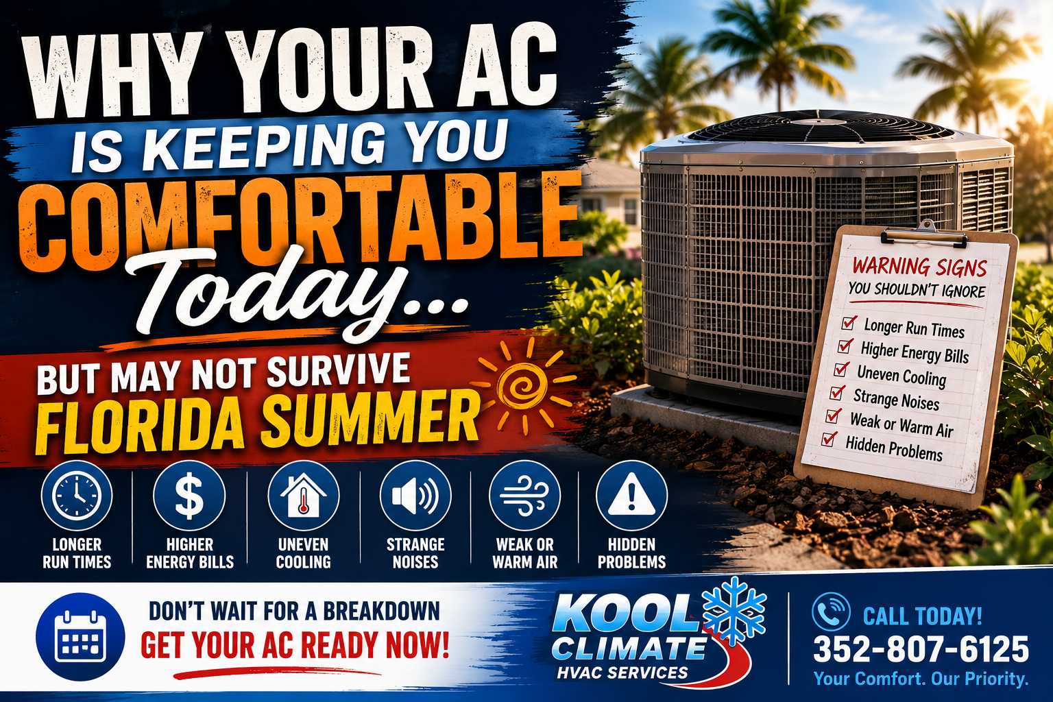 Florida residential air conditioning unit with warning signs of potential summer breakdown including longer run times, rising energy bills, strange noises, and hidden HVAC problems.