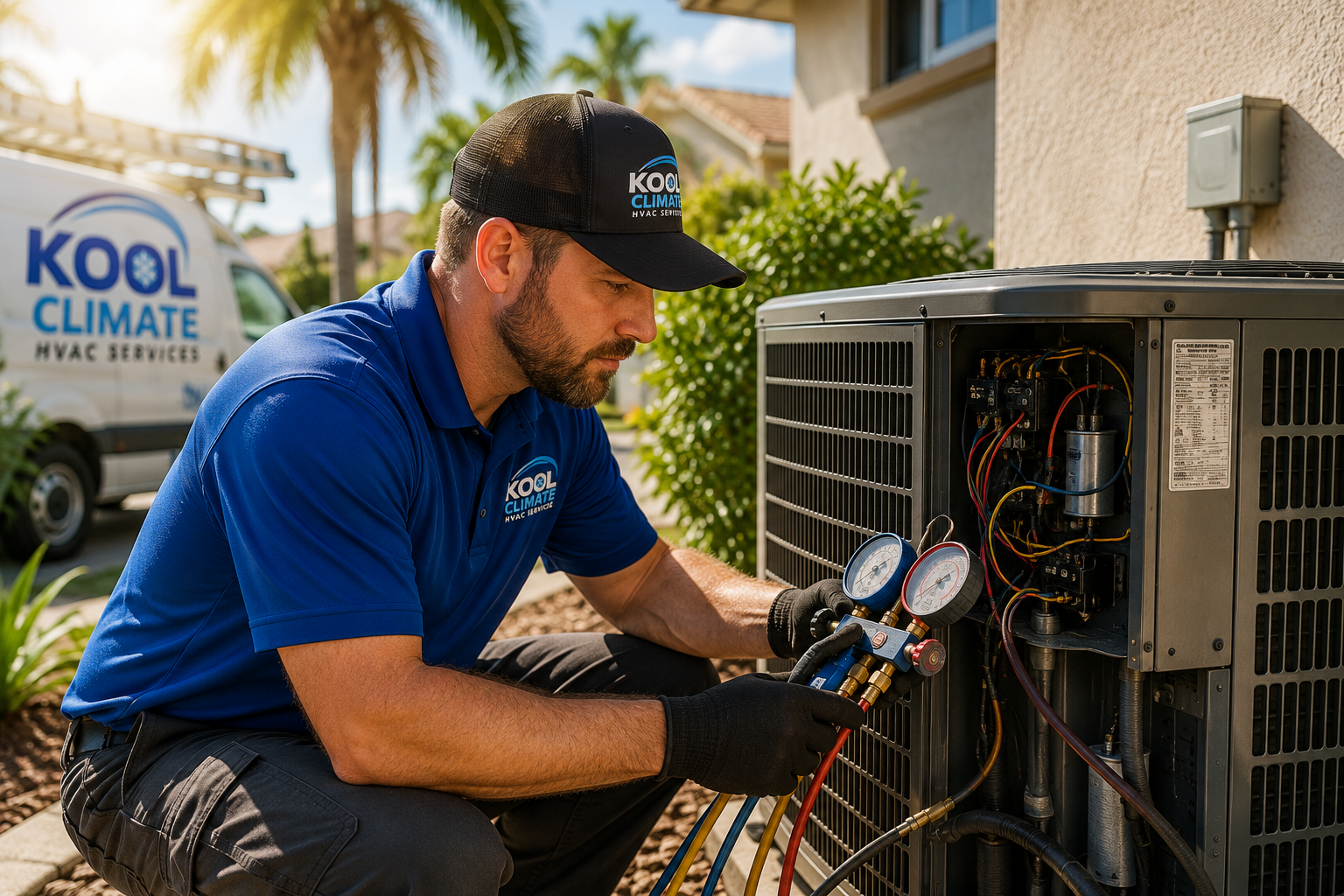 Professional HVAC technician inspecting and servicing a residential air conditioning unit during a F