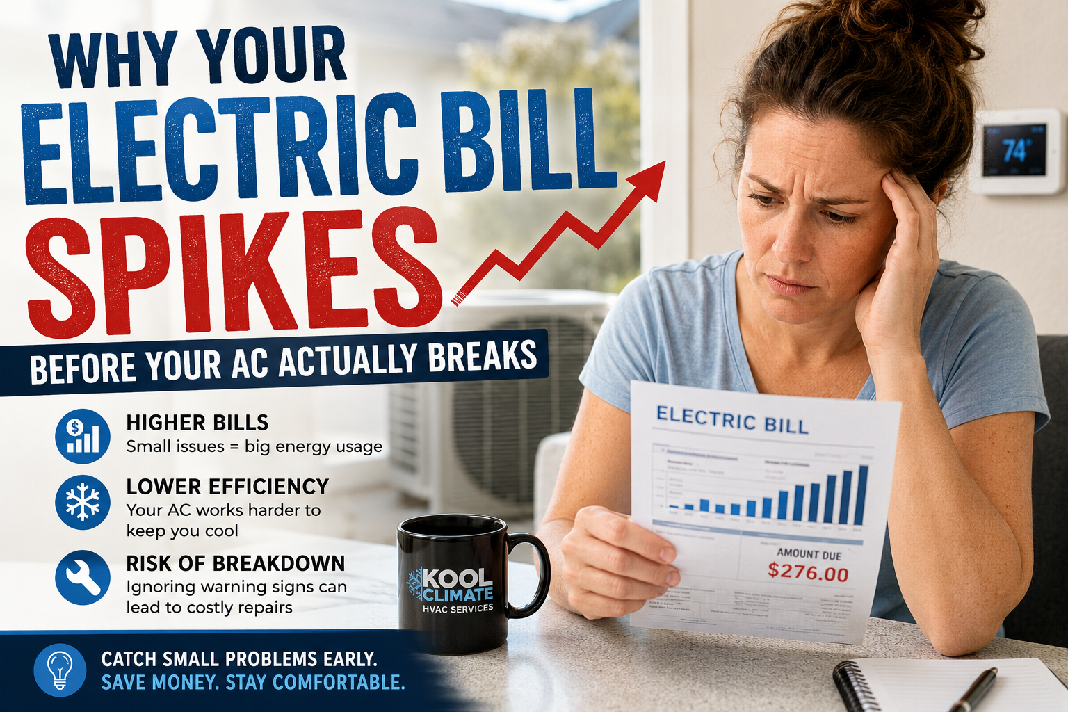Florida homeowner reviewing a rising electric bill while an air conditioning system operates in the 