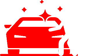 A red car with a person standing next to it.